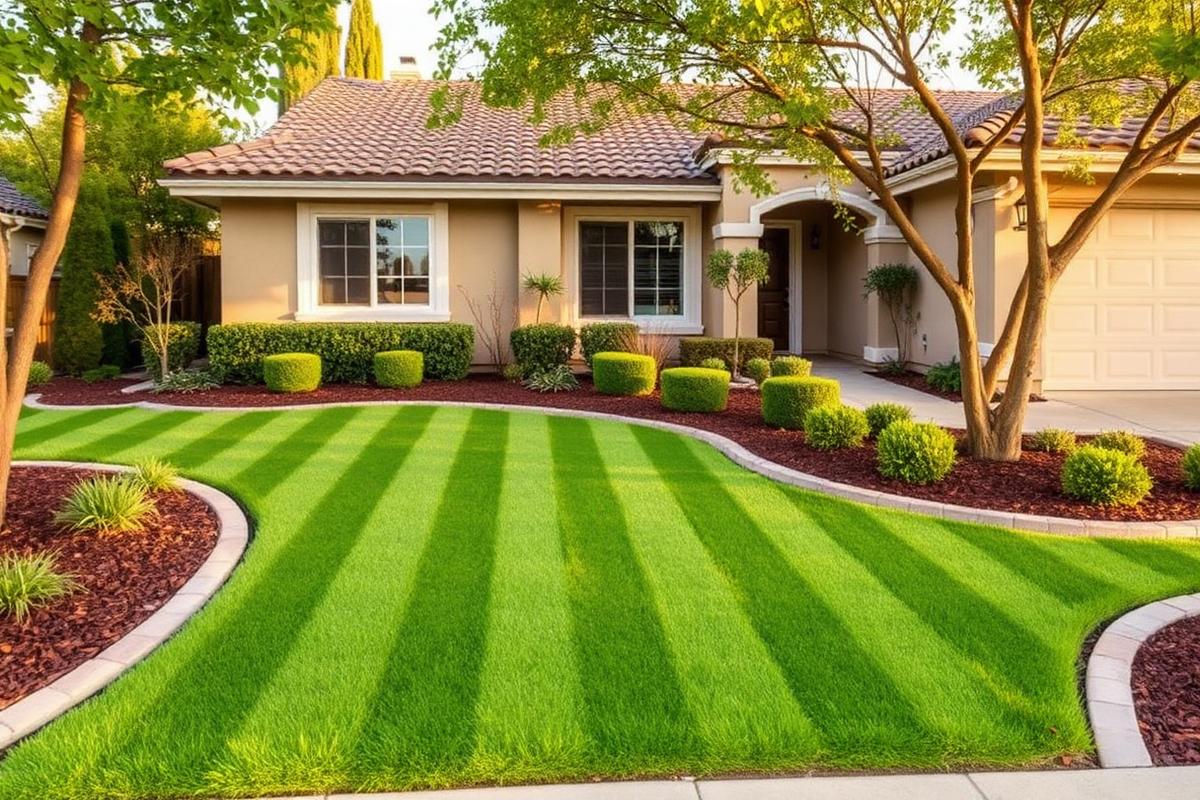 Front yard lawn restored from dry patchy turf to a striped green lawn