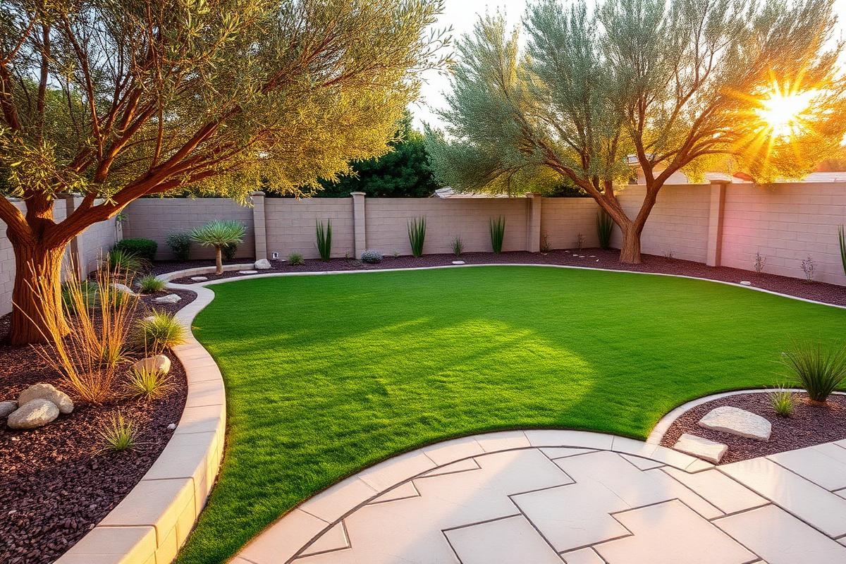 Bare dirt backyard transformed into a landscaped yard with lawn and patio