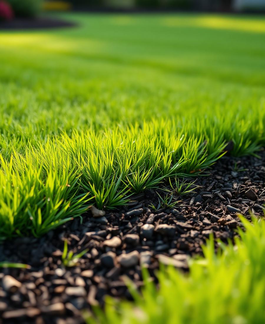 Crisp edge line between a green lawn and fresh dark mulch bed