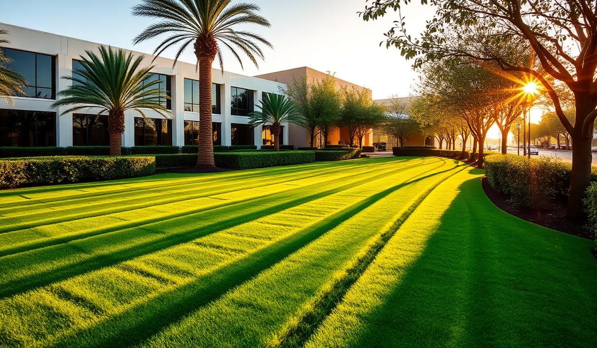 Manicured commercial office property lawn with palms at sunrise