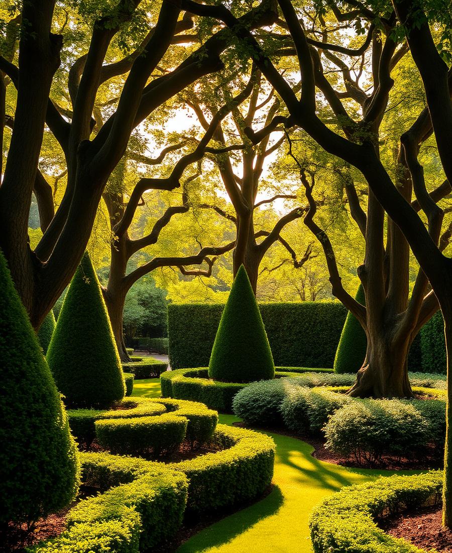 Sculpted hedges and expertly pruned mature trees in a luxury garden