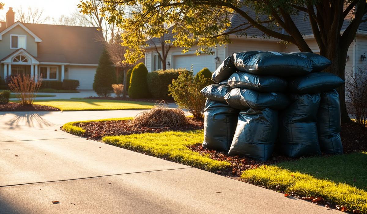 Property after a seasonal cleanup with bagged debris and a swept driveway