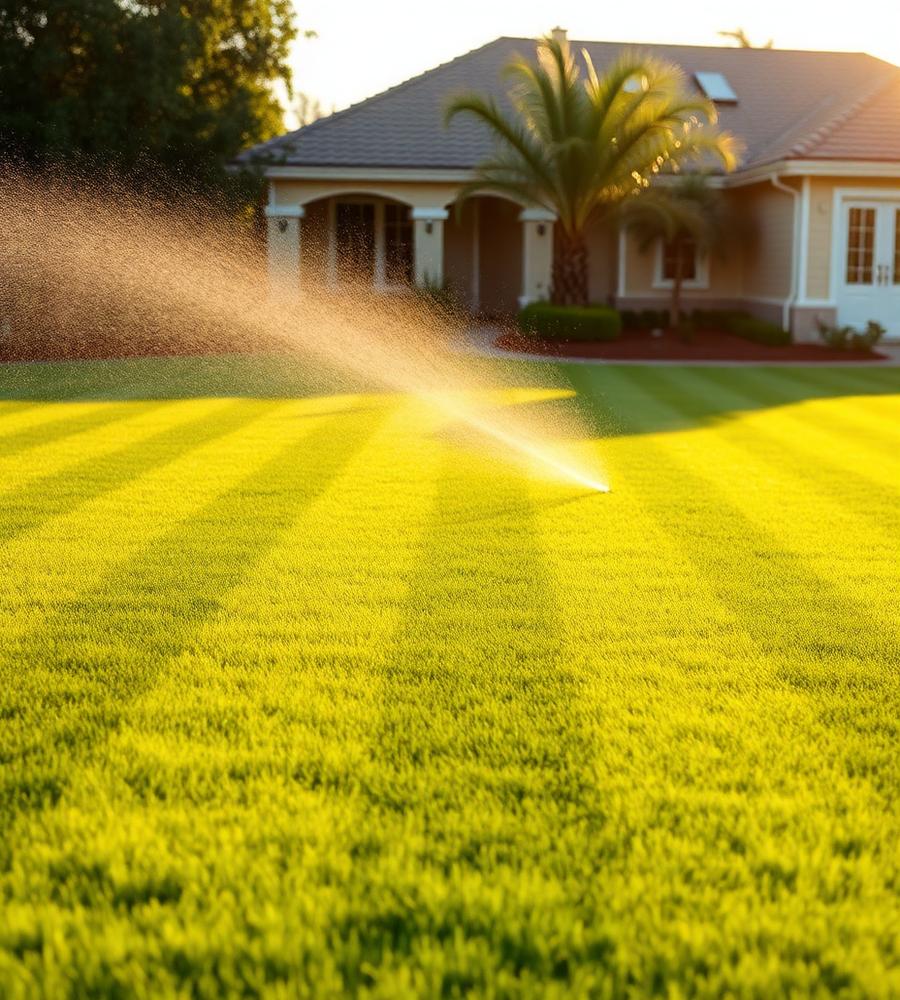 Freshly mowed striped lawn with sprinklers running in golden light