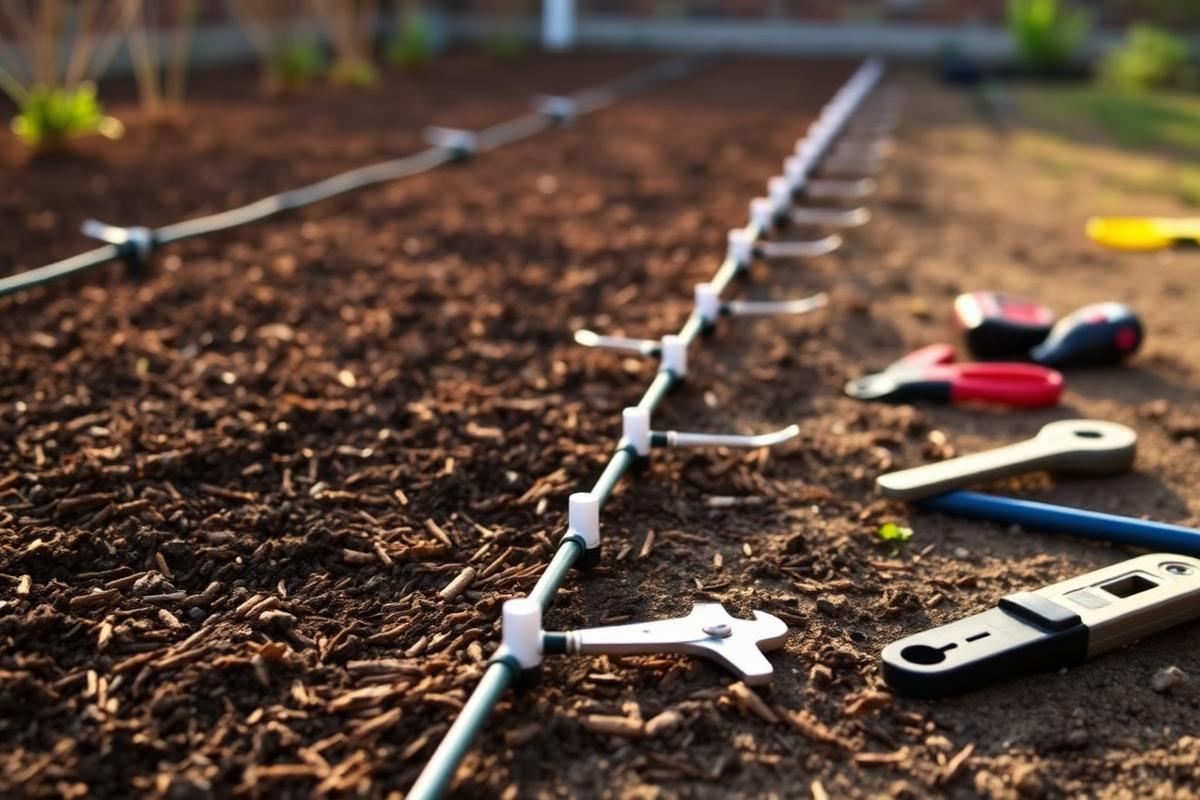 New drip irrigation lines installed in a freshly mulched planting bed